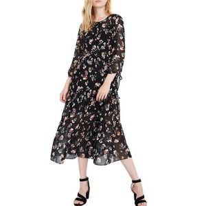 Madewell Sheer Button-Front Tier Midi Dress XXS Women’s Carnation Toss Black GUC